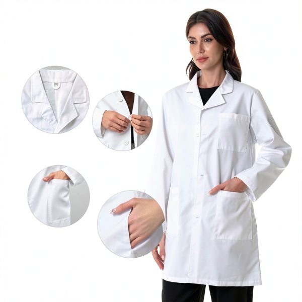 Greenour Professional Lab Coat Women Long Sleeve White with 3 Pockets-1