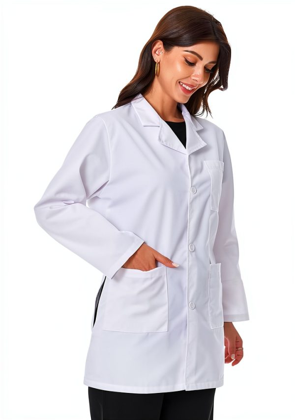 Greenour Professional Lab Coat Women Long Sleeve White with 3 Pockets-6